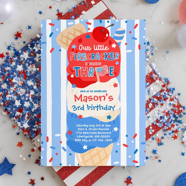 4th Of July Little Firecracker 3rd Birthday Party Invitation (Creator Uploaded)