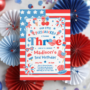 4th Of July Little Firecracker 3rd Birthday Party Invitation