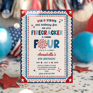 4th Of July Little Firecracker 4th Birthday Party Invitation