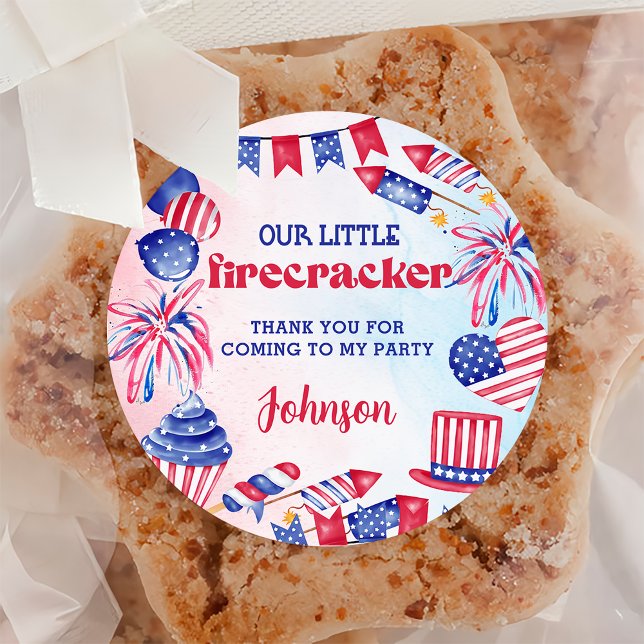 4th of July Little Firecracker Birthday Party Classic Round Sticker (Creator Uploaded)