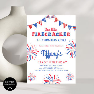 4th of July Little Firecracker First Birthday Invitation
