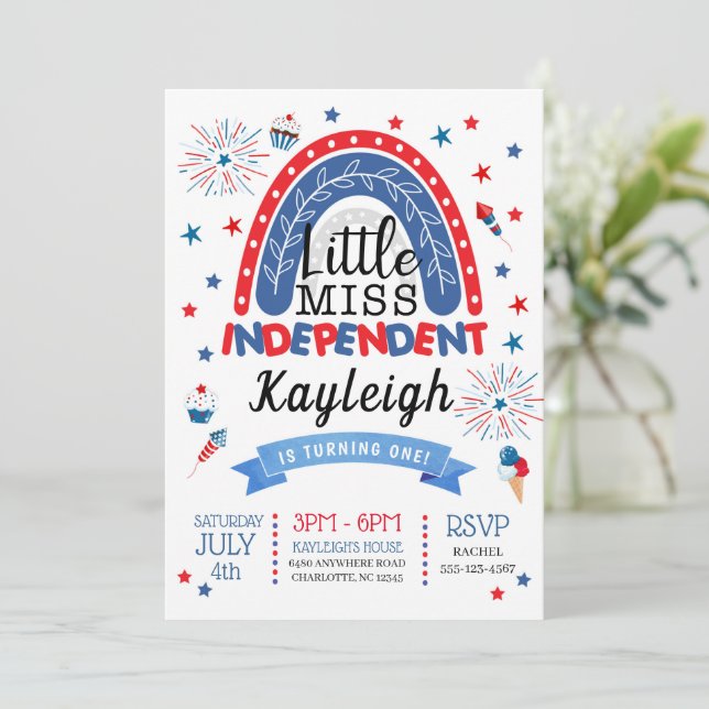 4th of July Little Miss Independant Birthday Invitation (Standing Front)