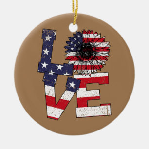 4th Of July Love Sunflower Patriotic American Ceramic Tree Decoration