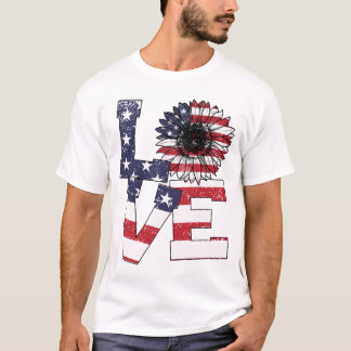 4th Of July Love Sunflower Patriotic American Flag T-Shirt