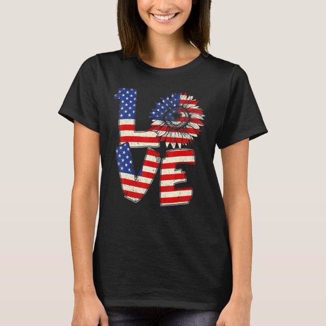 4th Of July Love Sunflower Patriotic American Flag T-Shirt (Front)