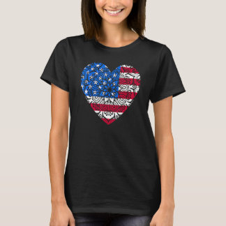 4th Of July Mandala American Heart Flag Art T-Shirt