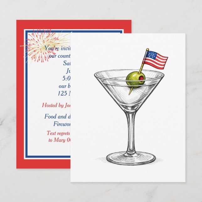 4th of July Martini with American Flag Invitation (Front/Back)