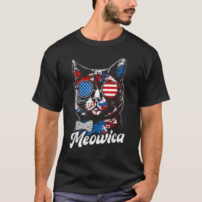 4th of July  Meowica Cat Kitty Patriotic American  T-Shirt (Front)