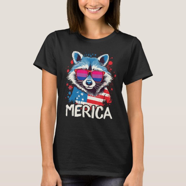 4th Of July Merica Raccoon Bisexual Sunglasses Fla T-Shirt (Front)
