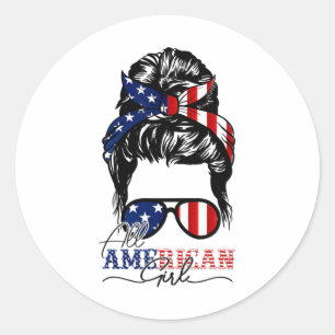 4th Of July Messy Bun All American Girls Usa Flag Classic Round Sticker