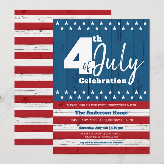 4th of July Modern Patriotic American Rustic Wood Invitation (Front/Back)