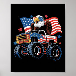 4th Of July Monster Truck Bald Eagle American Flag Poster