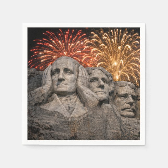 4th of July Mount Rushmore Humor with Fireworks Napkin (Front)