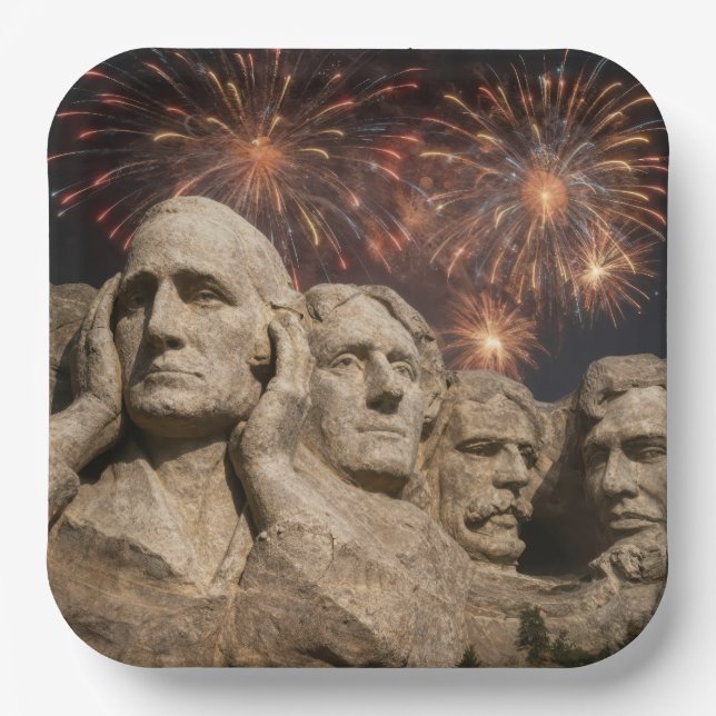 4th of July Mount Rushmore Humour with Fireworks Paper Plate (Front)