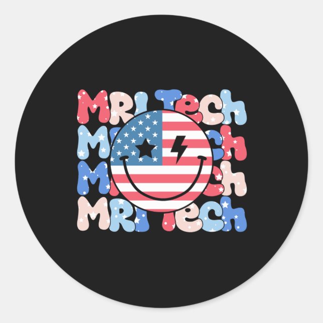 4th Of July Mri Tech Smile Face American Flag Retr Classic Round Sticker (Front)