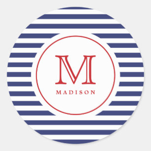 4th Of July Navy Stripes Monogram Party Sticker