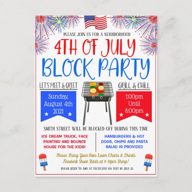 4th of July Neighbourhood Block Party Invite Postcard (Front)
