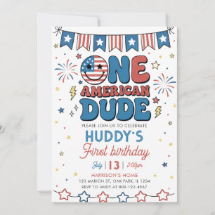 4th of July One American Dude Boy 1st Birthday Invitation