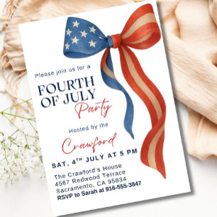 4th of July Party Invitation, Red White Blue Bow Invitation