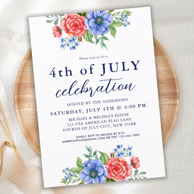 4th Of July Party Patriotic Floral Red White Blue Invitation (Creator Uploaded)