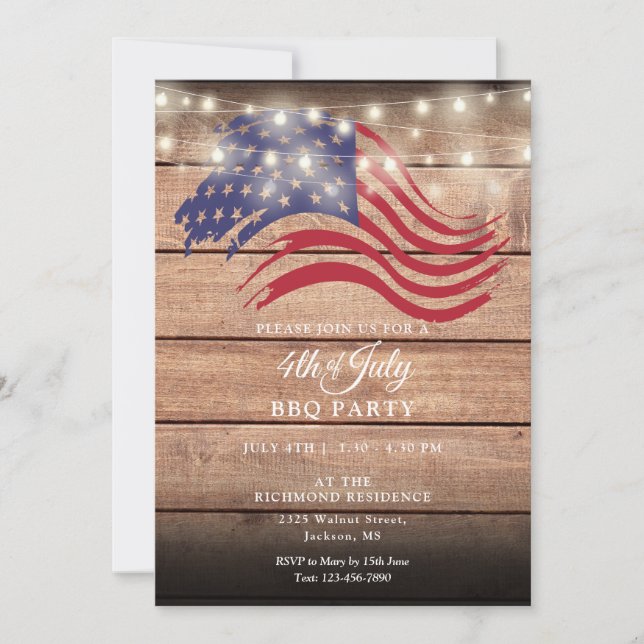4th Of July Party Rustic Wood String Lights Invitation (Front)