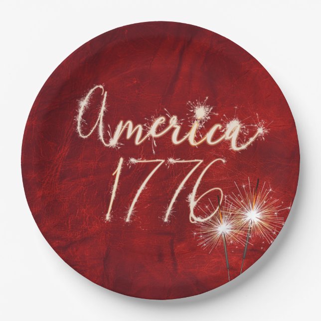 4th of July Party Sparkler Red Leather Paper Plate (Front)