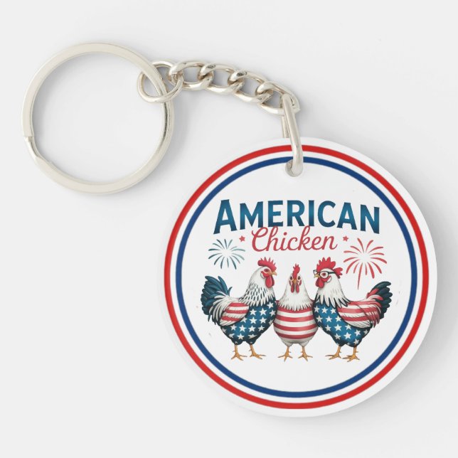 4th of July Patriotic American Chicken Design Key Ring (Front)