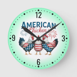 4th of July Patriotic American Chicken Design Round Clock