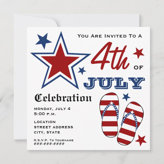 4th of July Patriotic American Flag Flip Flops Invitation (Front)