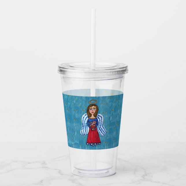 4th of July Patriotic Angel American Flag Stars Acrylic Tumbler (Front)
