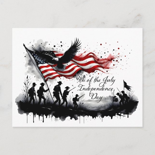 4th of July Patriotic Art with Flag & Soldiers Holiday Postcard (Front)