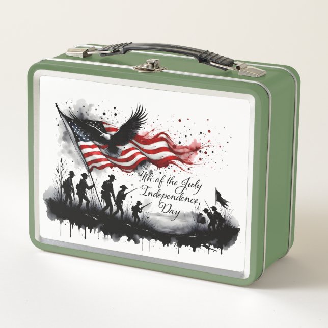 4th of July Patriotic Art with Flag & Soldiers Metal Lunch Box (Front)