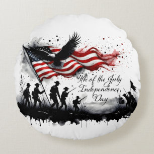 4th of July Patriotic Art with Flag & Soldiers Round Cushion