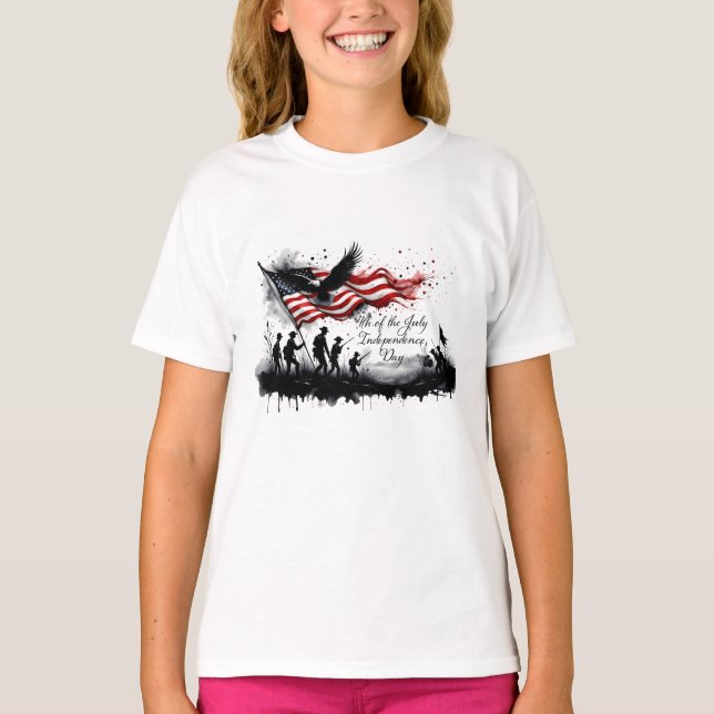 4th of July Patriotic Art with Flag & Soldiers T-Shirt (Front)