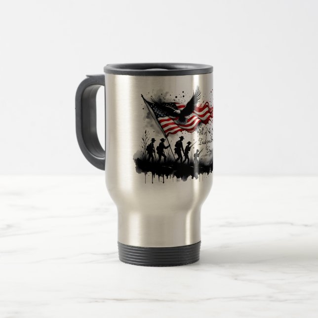 4th of July Patriotic Art with Flag & Soldiers Travel Mug (Front Left)