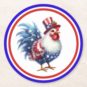 4th of July Patriotic Chicken with USA Flag Round Paper Coaster