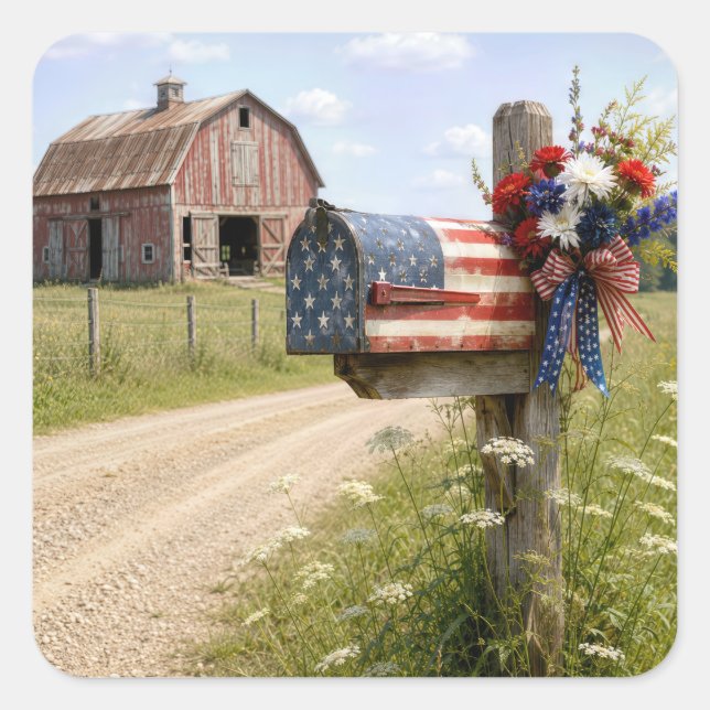 4th of July Patriotic Country Mailbox Square Sticker (Front)