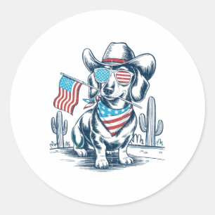 4th Of July Patriotic Dachshund Cowboy Dog Usa Fla Classic Round Sticker
