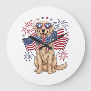 4th of July Patriotic Dog Golden Large Clock