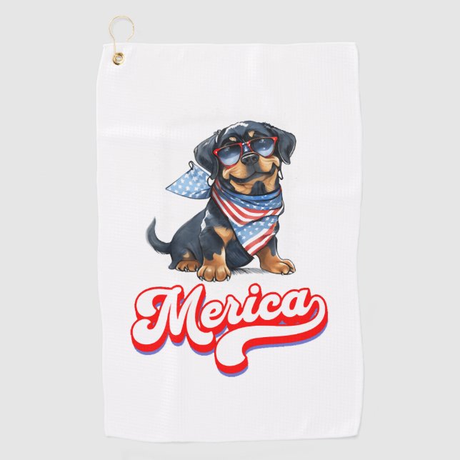 4th Of July Patriotic Dog Rottweiler Merica Golf Towel (Front)