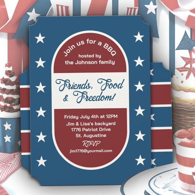 4th of July Patriotic Freedom Backyard BBQ Party Invitation (Bold new 4th of July BBQ party invitations in classic, patriotic red, white and blue.)