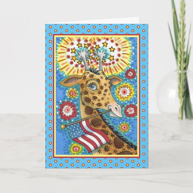 4TH OF JULY PATRIOTIC GIRAFFE & FIREWORKS Cute Fun Holiday Card (Front)