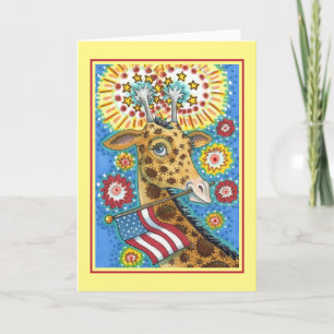 4TH OF JULY PATRIOTIC GIRAFFE & FIREWORKS Cute Fun Holiday Card