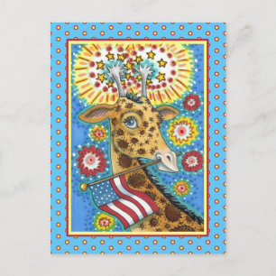 4TH OF JULY PATRIOTIC GIRAFFE & FIREWORKS Cute Fun Holiday Postcard