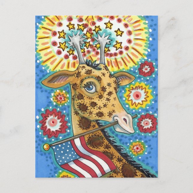 4TH OF JULY PATRIOTIC GIRAFFE & FIREWORKS Cute Fun Holiday Postcard (Front)