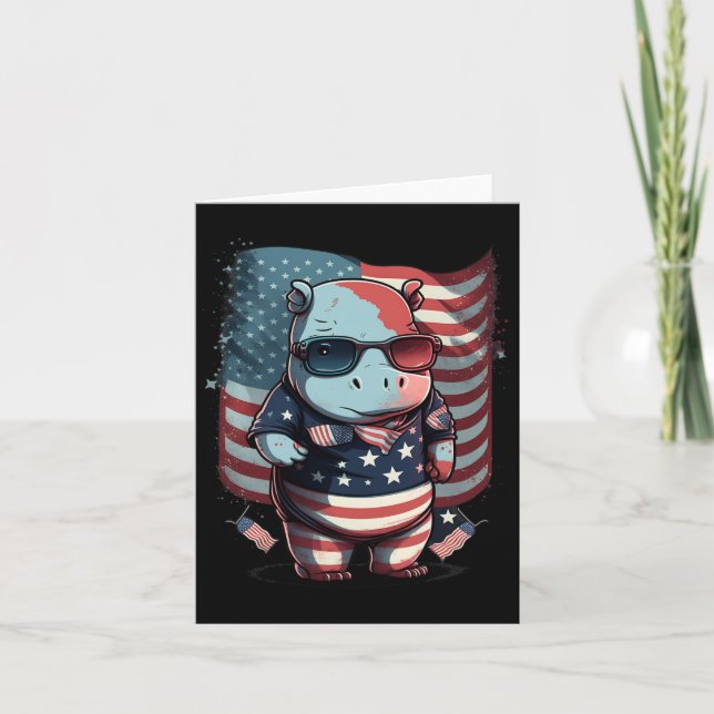 4th Of July Patriotic Hippo Us Flag  Card (Front)