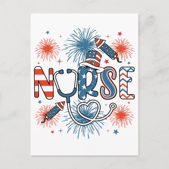 4th Of July Patriotic Nurse Square Postcard (Front)