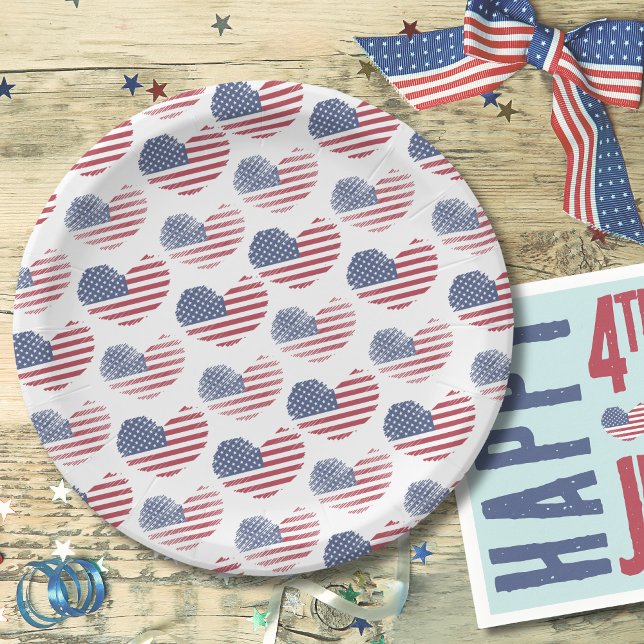 4th Of July Patriotic Party American Flag Paper Plate (Cute Patriotic American Flag Rustic Heart Pattern Paper Plates)