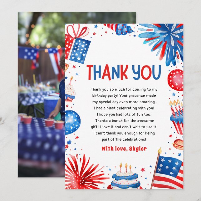 4th Of July Patriotic Red White and Blue Birthday Thank You Card (Front/Back)