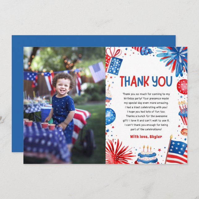 4th Of July Patriotic Red White Blue Birthday Thank You Card (Front/Back)